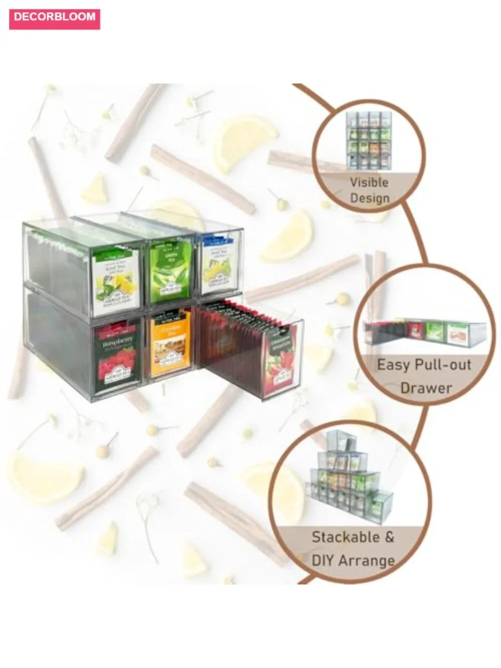 6-Pack Clear Plastic Stackable Tea Bag Drawer Organizer